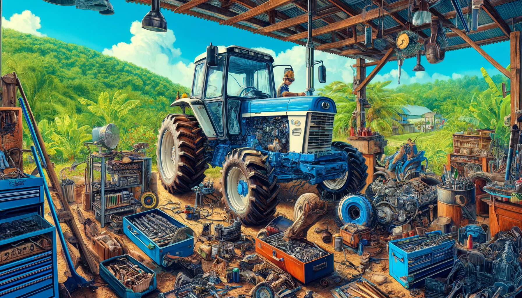 Farm Equipment Care & Repair - A vivid and detailed wide aspect illustration of a tractor and farm equipment repair scene in Puerto Rico. The image shows a technician working (2)