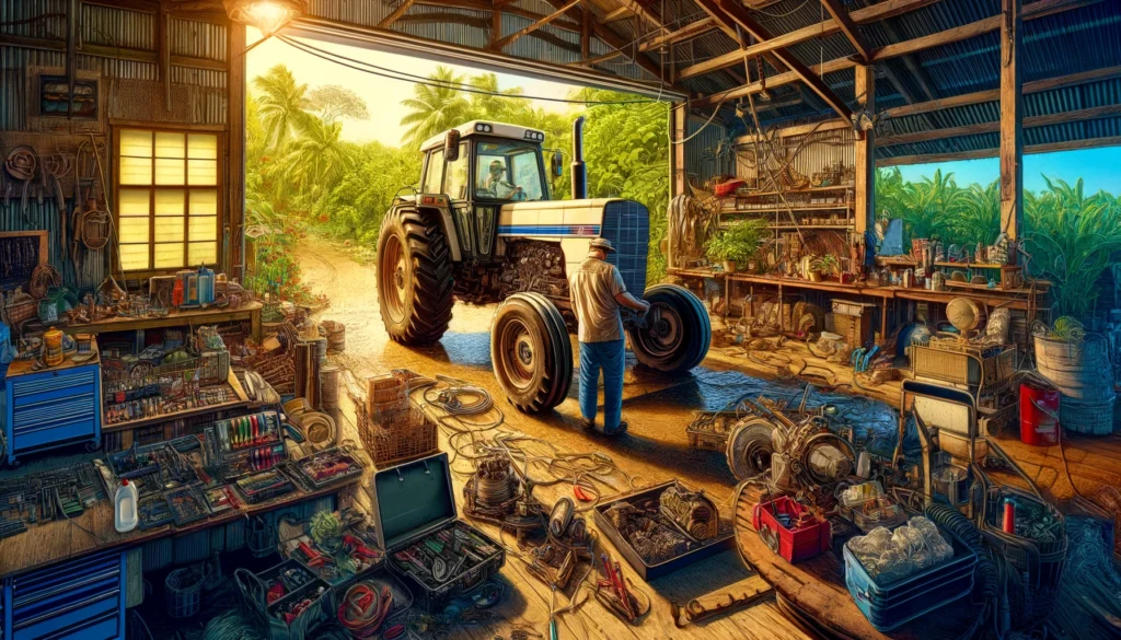 Farm Equipment Care & Repair - A vivid and detailed wide aspect illustration of a tractor and farm equipment repair scene in Puerto Rico. The image shows a technician working (2)